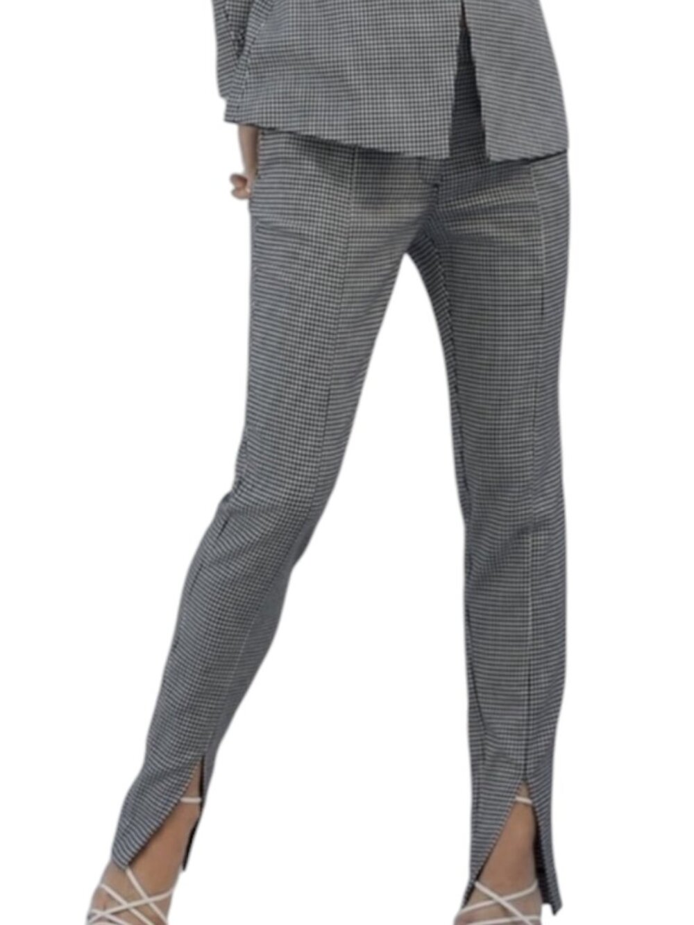 Zara Front Split Hem Houndstooth Dress Pants Slacks Slim Leg Black White S